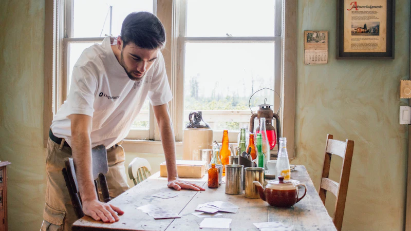 A man leans over a table reviewing papers
