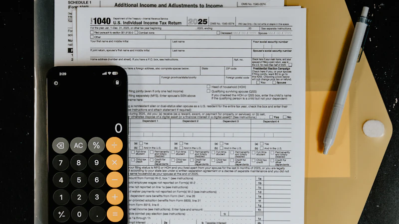 Tax forms with a calculator and pen on a desk