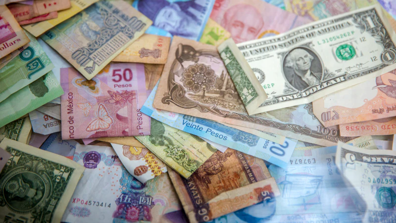 A collection of international banknotes scattered on a flat surface