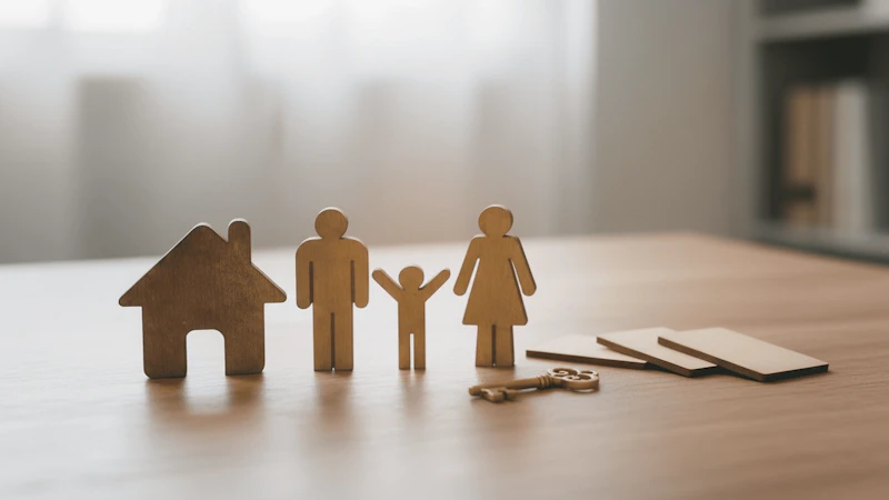 Wooden family figures and a house with keys on a table