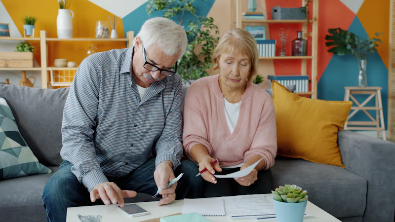 An elderly couple reviewing documents at home