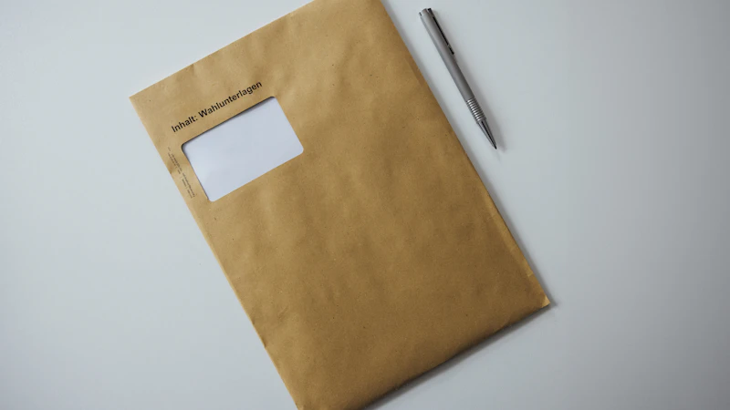 A plain brown window envelope with an official notice inside, lying on a desk next to a pen