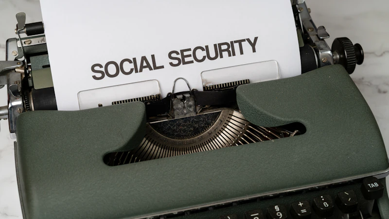 A close-up of a typewriter with a sheet of paper reading Social Security